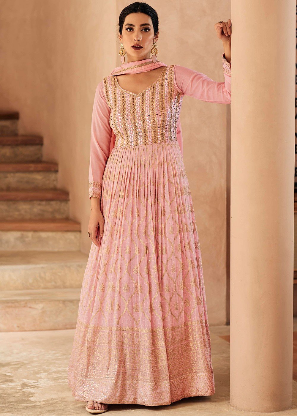Pink Sequinned Anarkali Suit With Georgette Dupatta 4643SL01