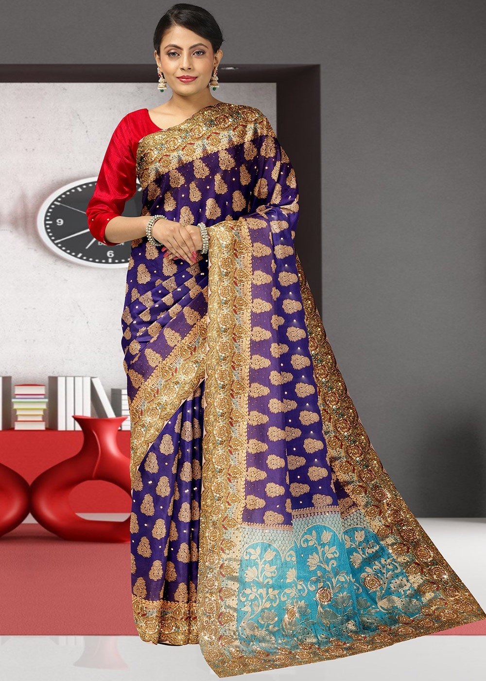 Designer Silk Zari Weaving Work Beige And Sky Blue Saree –