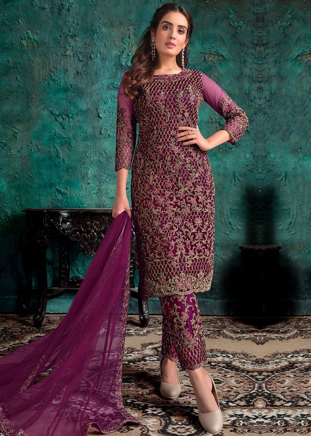 Buy online Pink Silk Straight Pant Suits Semistitched Suit from