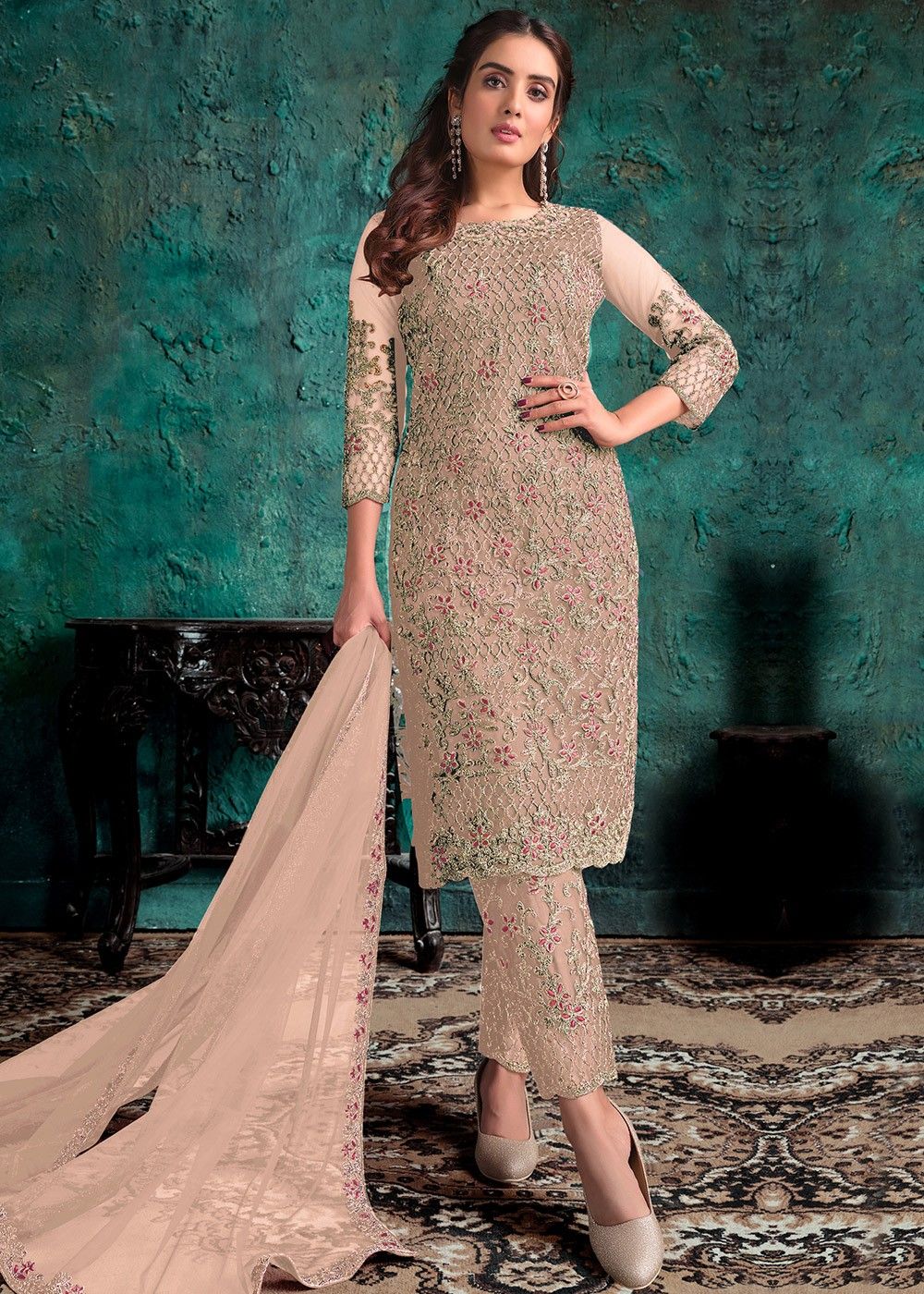 Buy Beige Stella Lapel Amaara Suit And Pant Set For Women by Detales Online  at Aza Fashions.