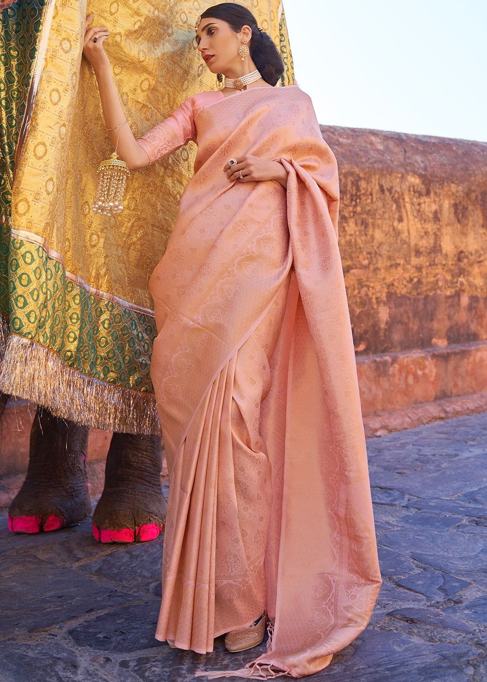 Chanderi Peach Saree With Blouse-Set of 2 – Kamakhyaa