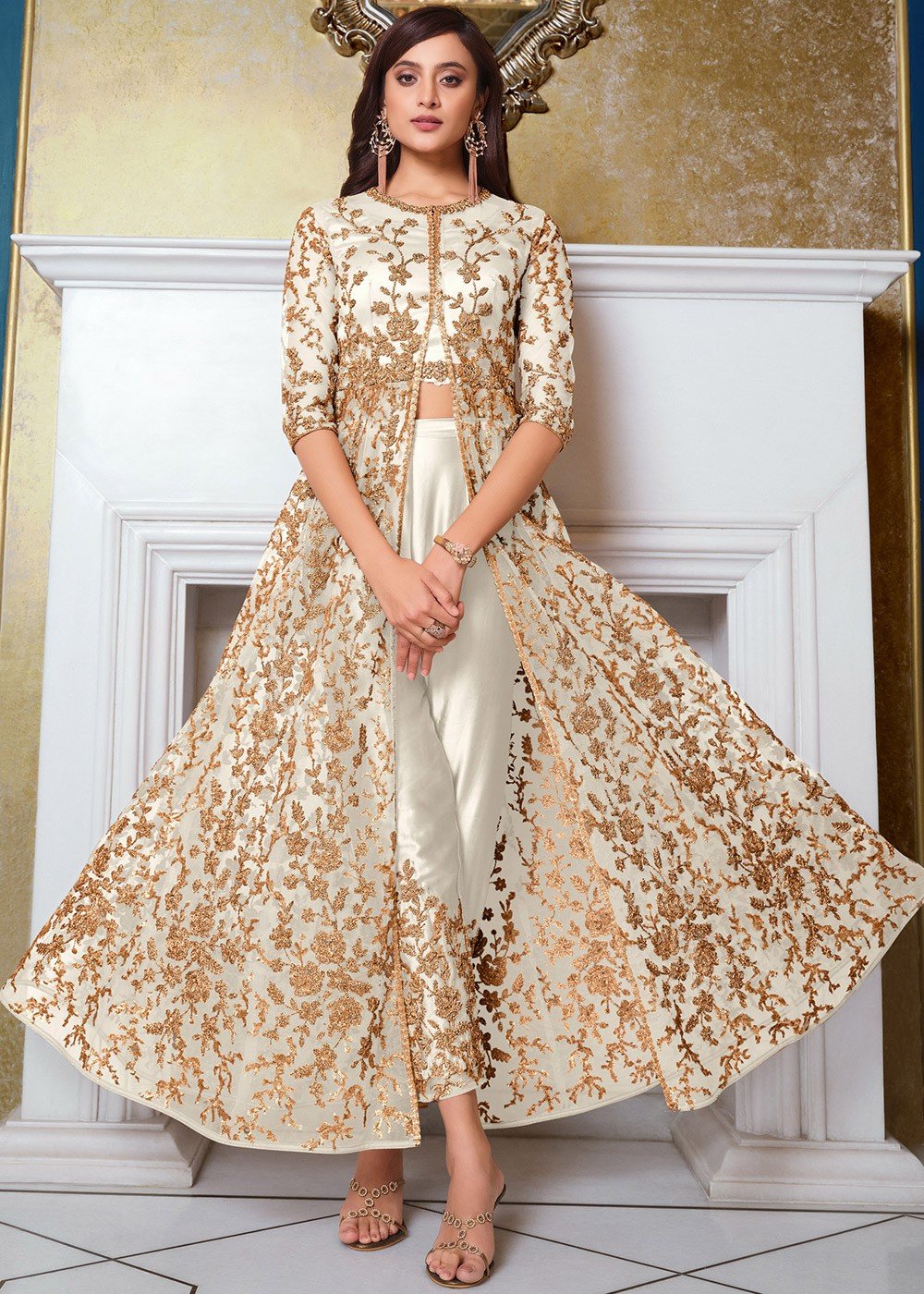 White Embroidered Net Slit Style Suit 4691SL03