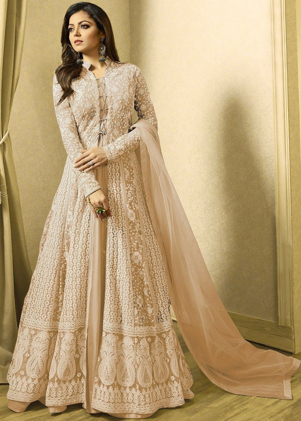 Beige Color Net Fabric Attractive Embroidered Anarkali Suit