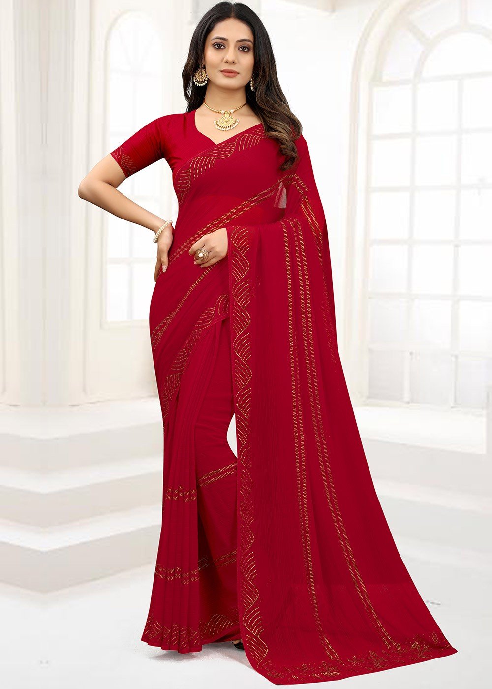 Red Chiffon Saree With Embroidery Work And Fancy Border - Vishal Prints -  3968159