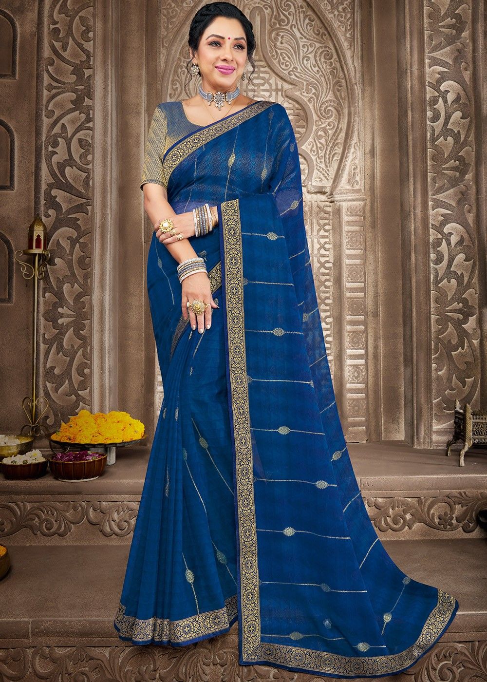 Buy Blue Raw Silk Embroidery Beads Pre-draped Pant Saree With Blouse For  Women by Qbik Online at Aza Fashions.