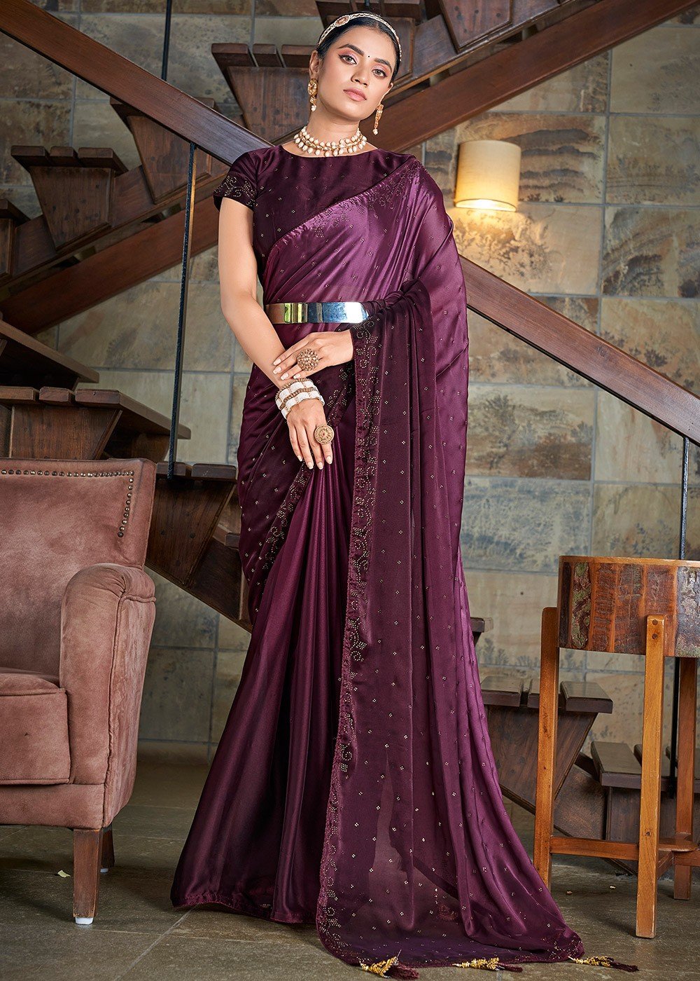 Buy Purple Satin Embroidered Yazrin Ombre Pre-draped Saree With Blouse For  Women by SAANJH BY LEA Online at Aza Fashions.
