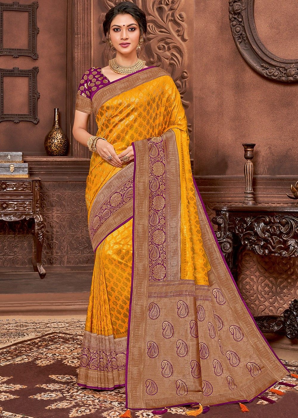 Buy sheladiya Woven Bollywood Pure Silk Yellow Sarees Online @ Best Price  In India | Flipkart.com