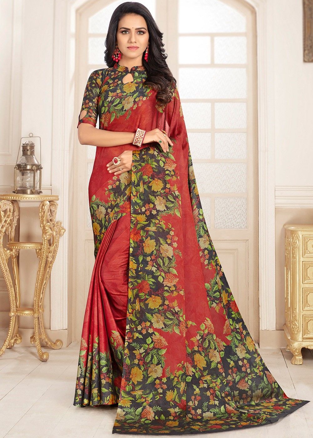 Georgette Printed Saree border with Banglory Silk Blouse » Buy online from  ShopnSafe