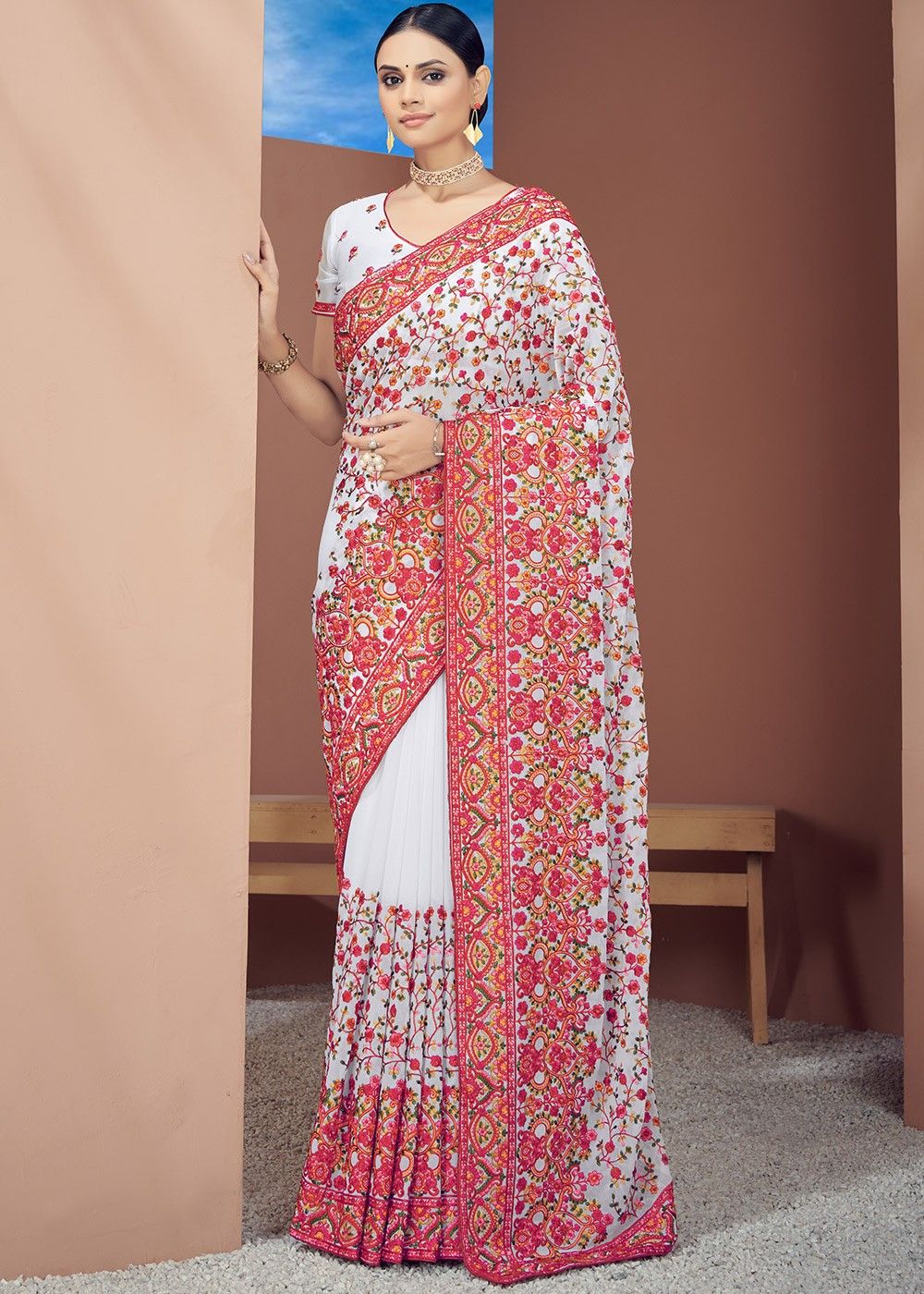 White Resham Embroidered Kashmiri Saree In Georgette 4757SR06