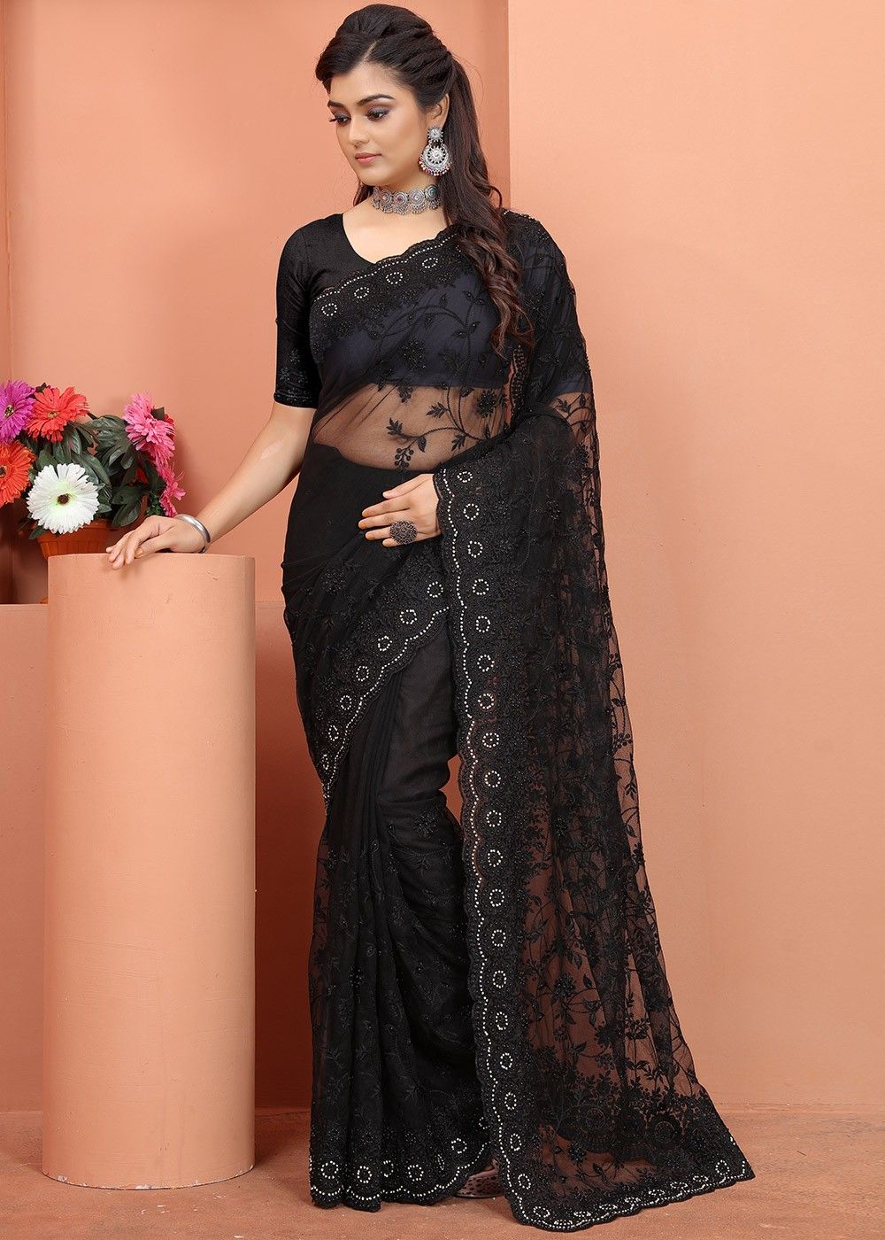Black Party Wear Embroidered Net Saree 4764SR12