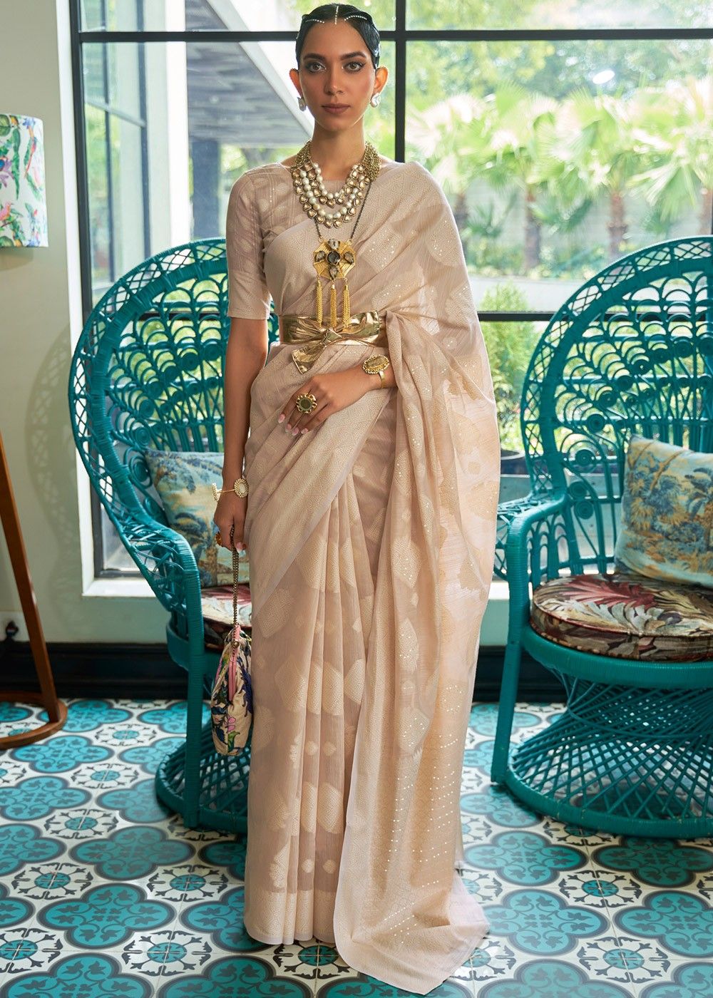 Designer Zari Woven Kanjivaram Silk Saree in Beige Color - PreeSmA
