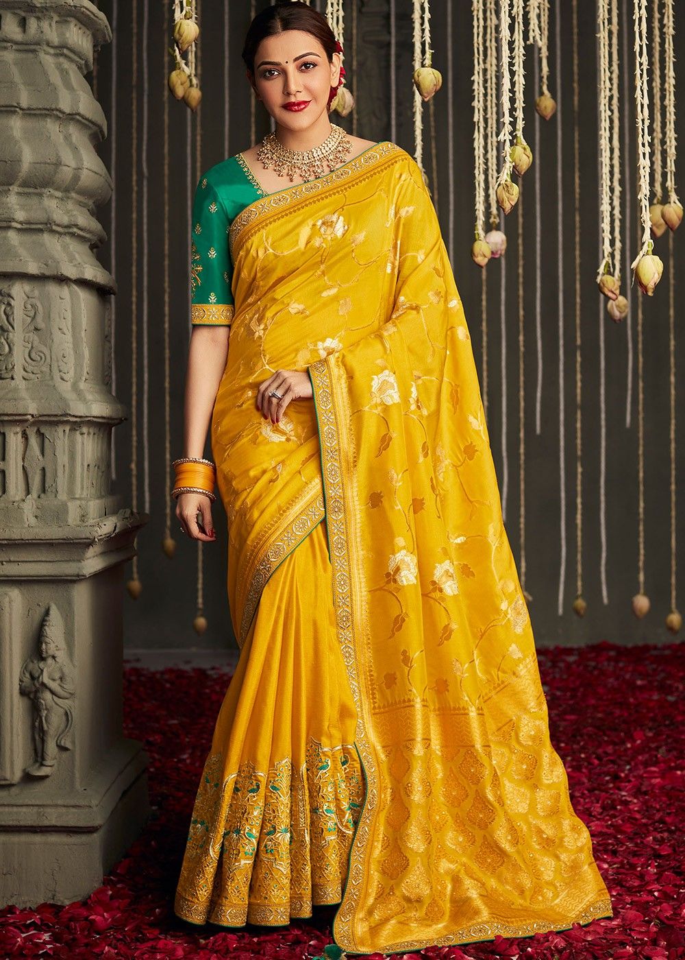 Half fine Zari Gold Yellow Bridal Silk Saree