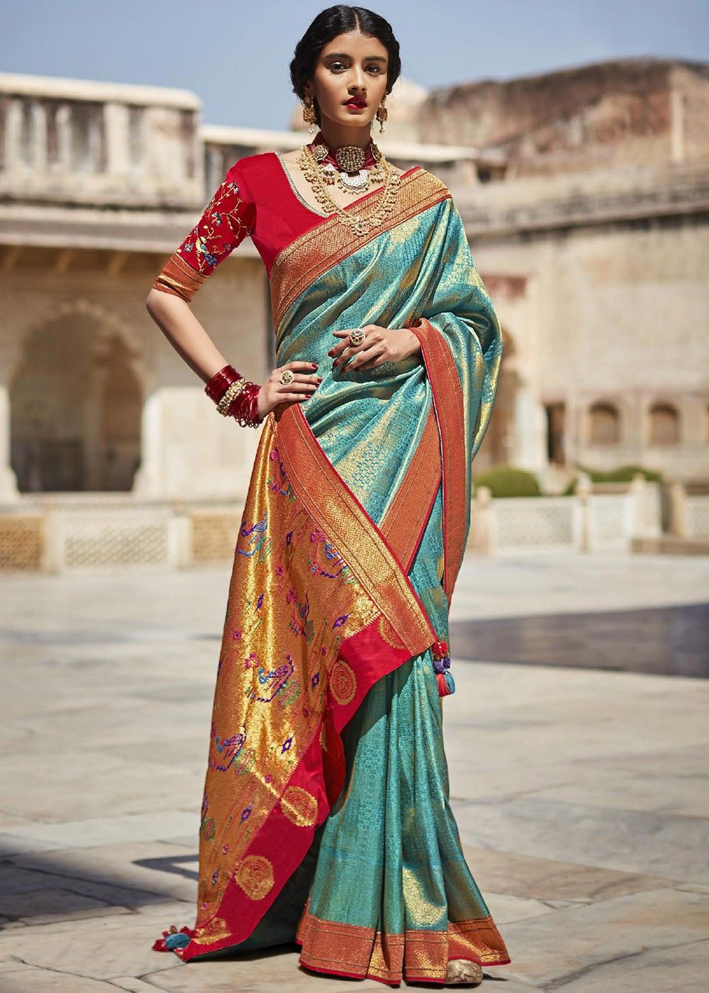 Buy Kanjivaram Silk Saree - Pastel Yellow Wedding Wear Embroidered Saree –  Empress Clothing