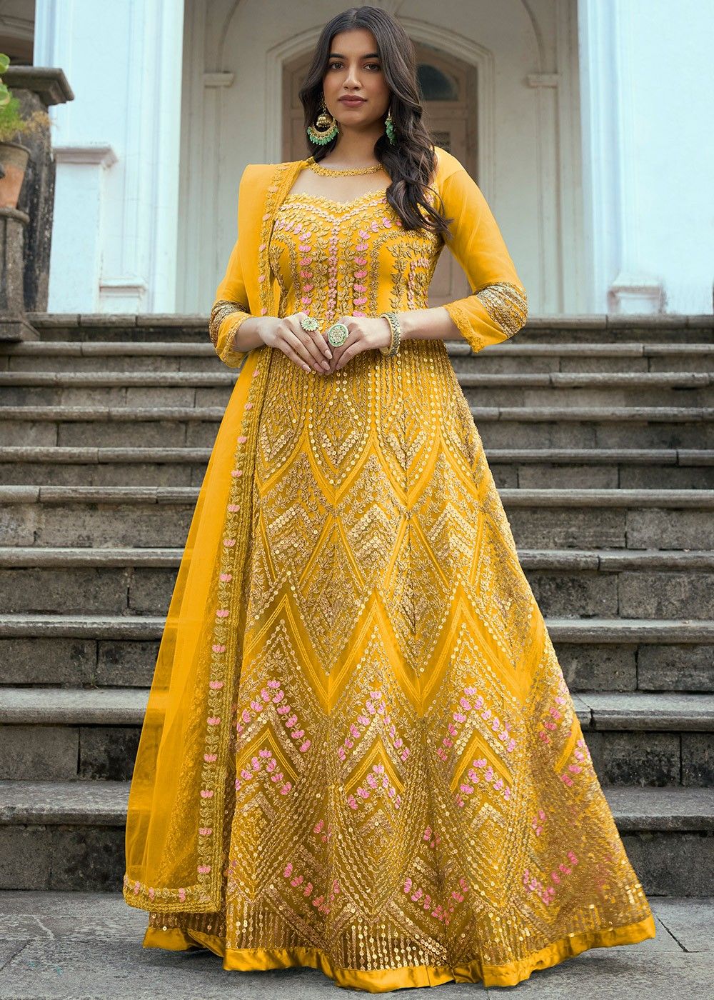 Pink-Yellow Handwork Anarkali Suit – Label Madhuri Thakkar-nttc.com.vn