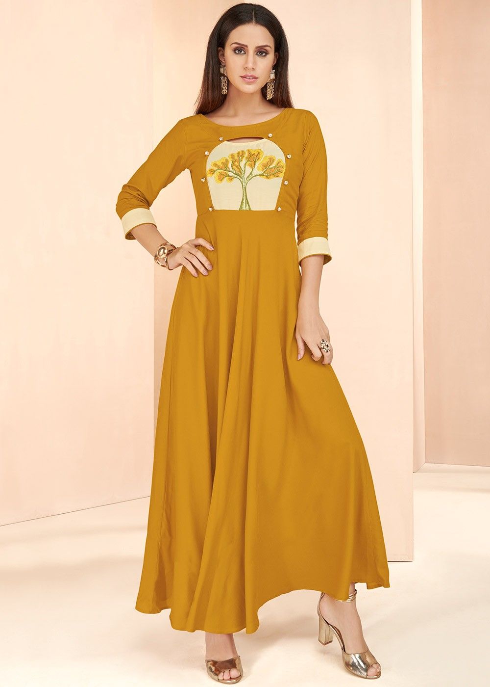 Yellow Indo Western Long Maxi Dress - Omnistyles Fashion