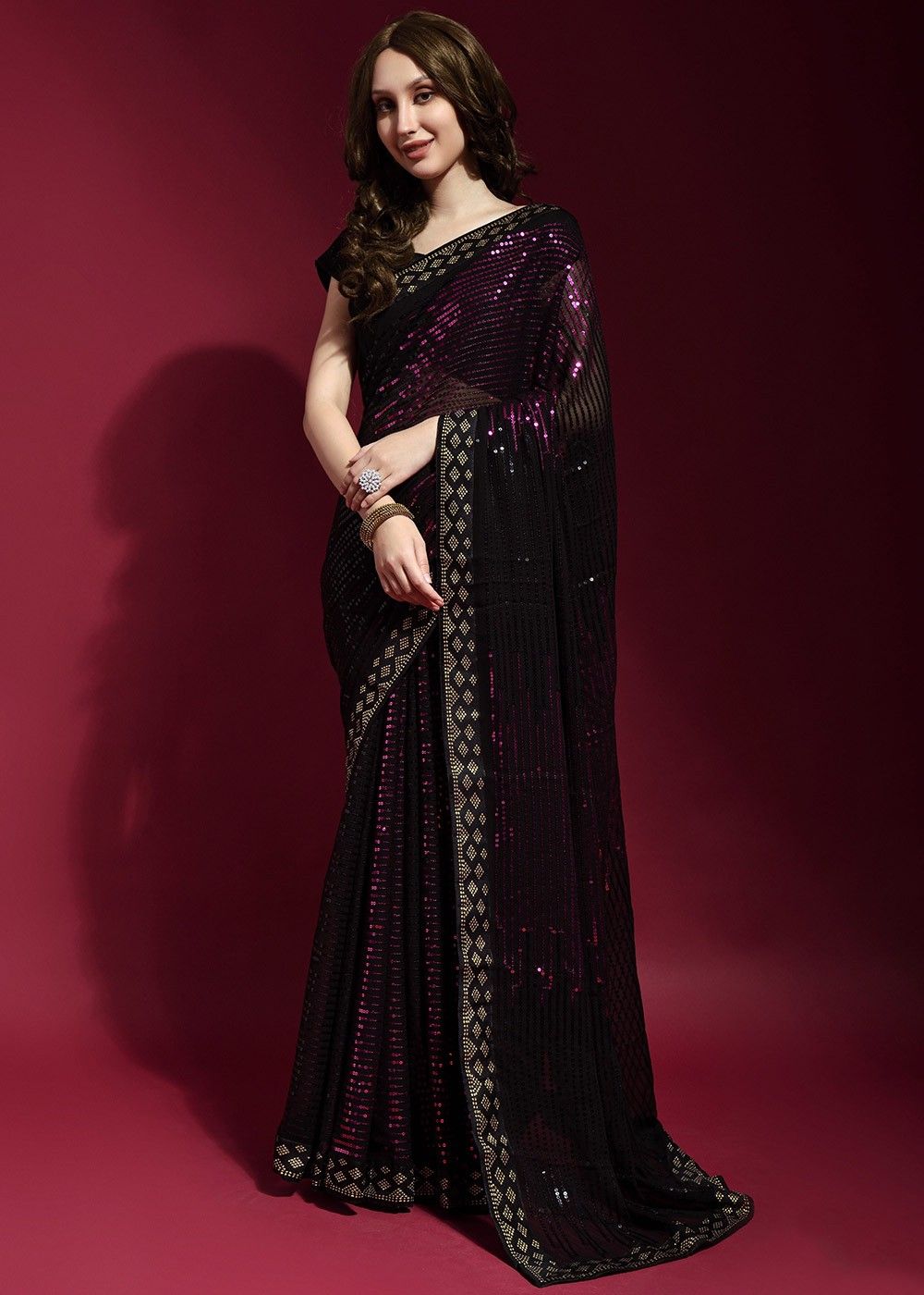 Buy Black saree embellished in ikkat motif embroidery KALKI Fashion India-sgquangbinhtourist.com.vn