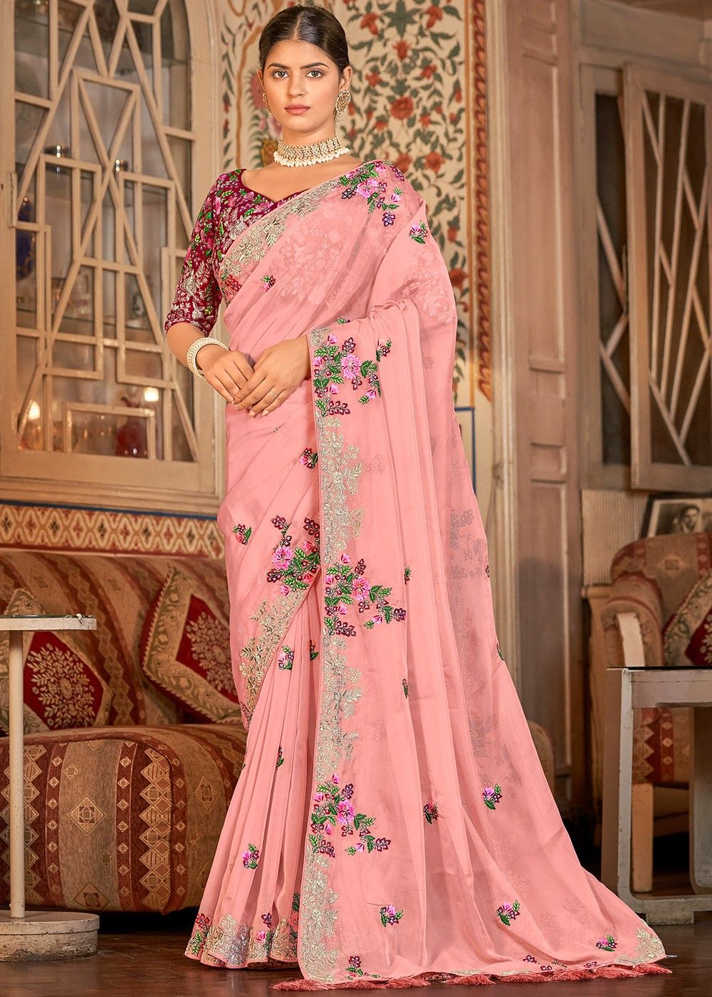 Pink Velvet Sequence Dori Embroidery Work Saree With Blouse