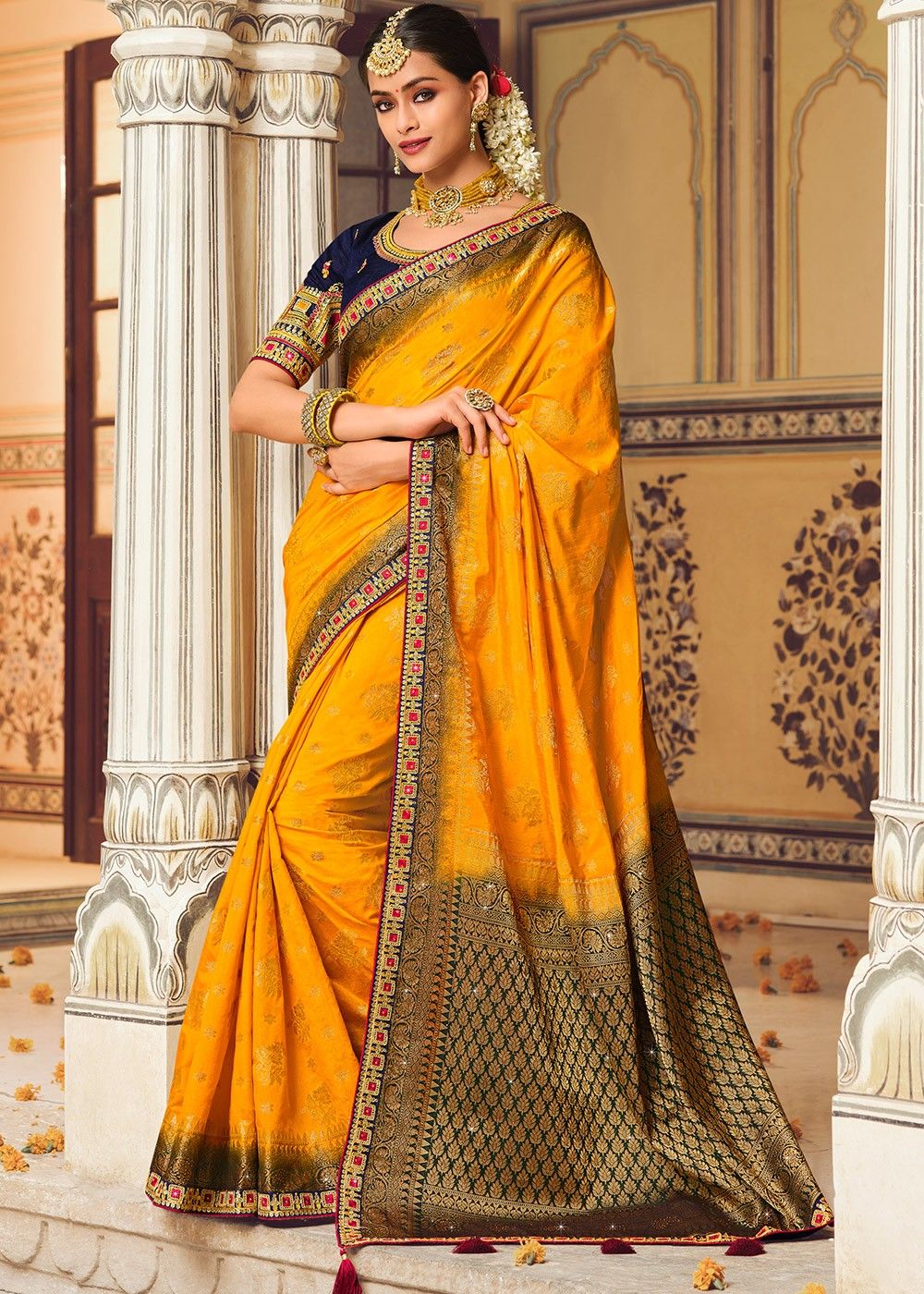 Buy Little Bansi Kids Yellow & Red Printed Saree with Blouse online |  Looksgud.in