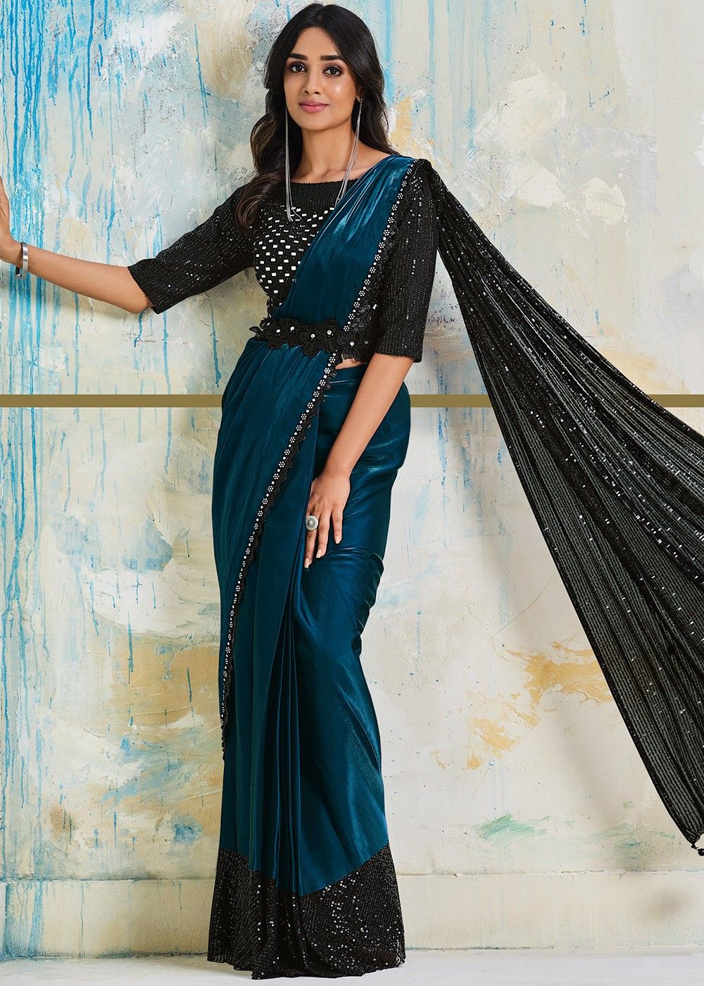 Buy Blue Hand Embroidered Pre Stiched Saree with Blouse and Belt