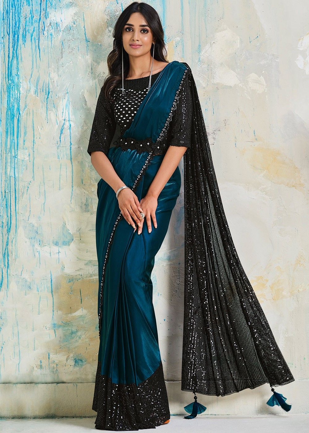Buy Anusuya Saree Embellished, Dyed Bollywood Georgette, Chiffon Light Blue  Sarees Online @ Best Price In India | Flipkart.com