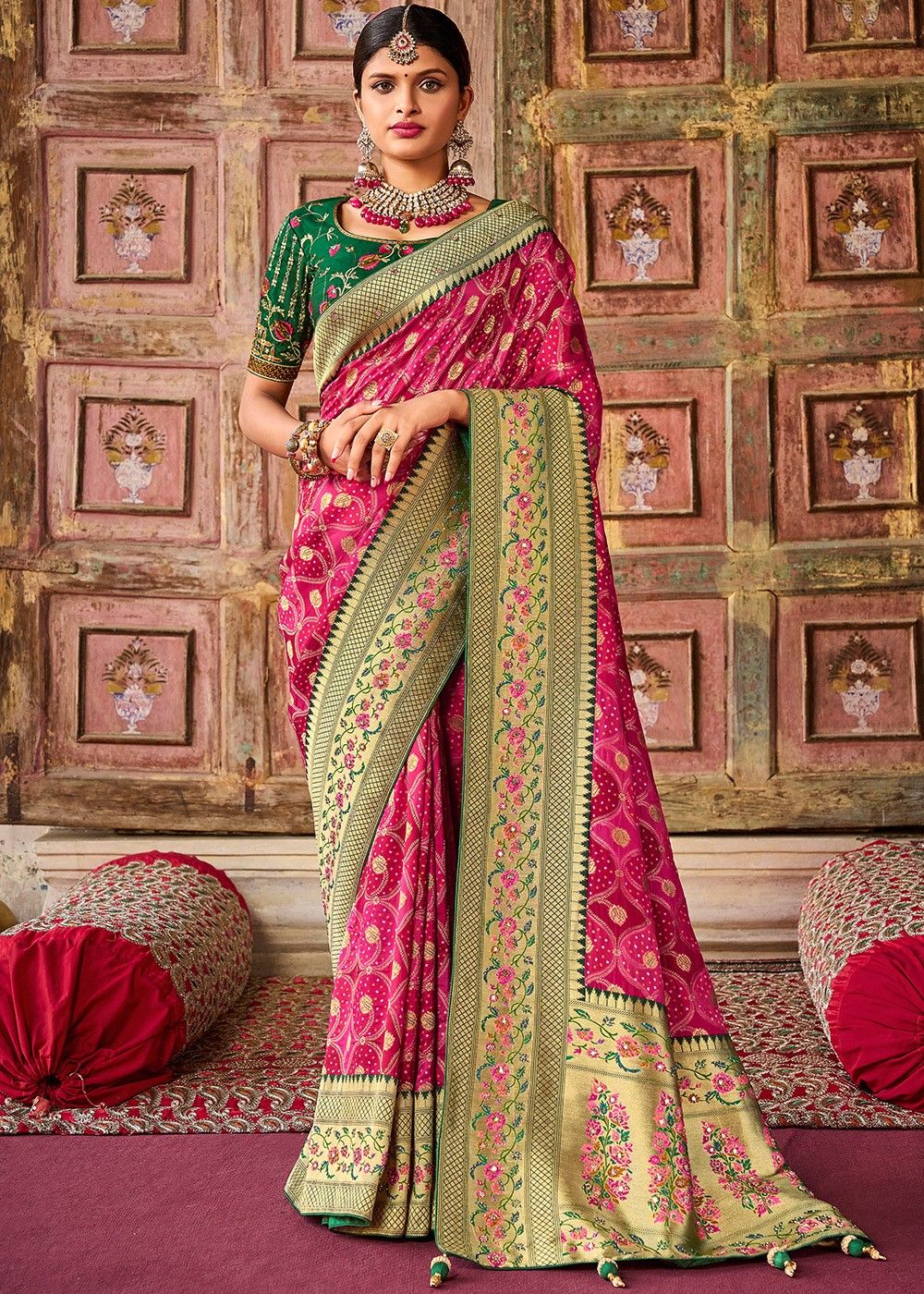 Buy Parrot Green Lichi Silk Banarasi Saree With Blouse