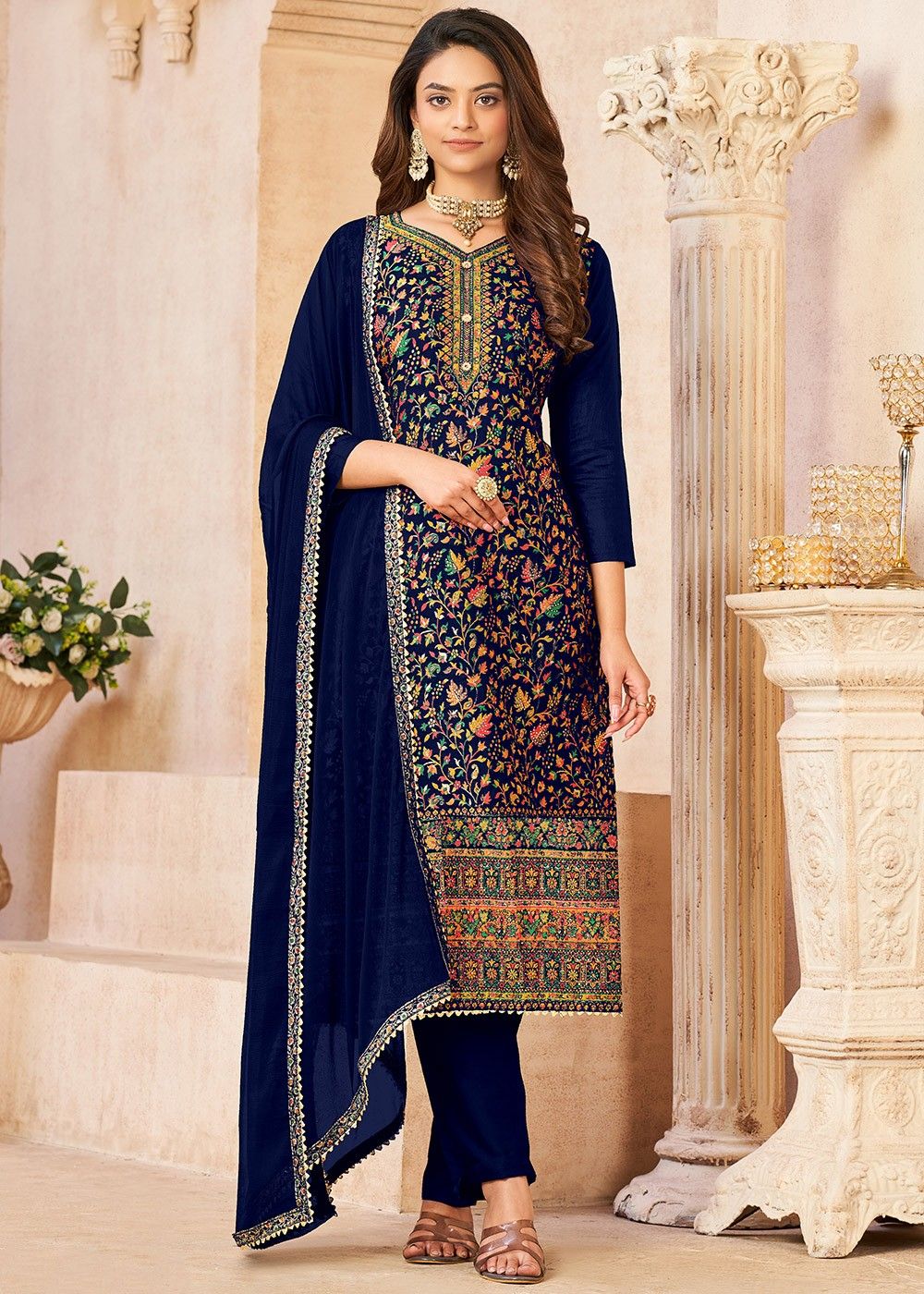 Grey Readymade Pant Suit With Printed Dupatta Latest 4079SL01