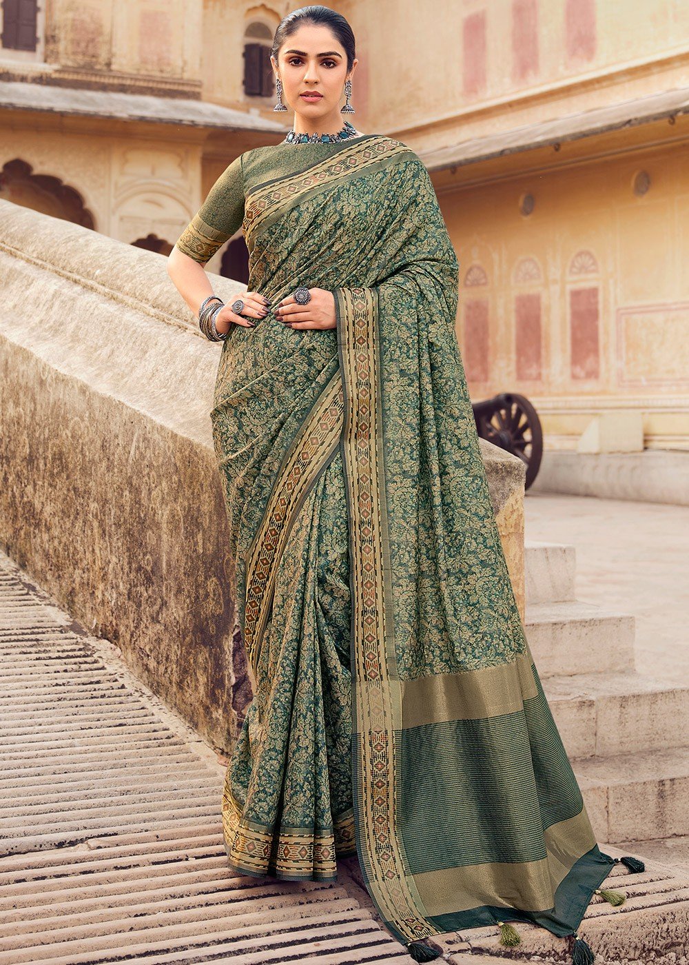 Moss Green Satin Silk Saree With Handmade Tassels On Pallu