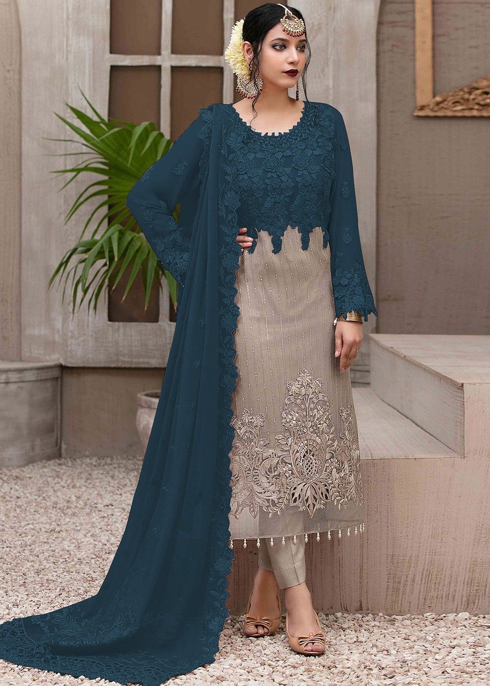 Buy Grey Beige Soft Silk Pakistani Trouser Suit Online - LSTV04949 Andaaz  Fashion