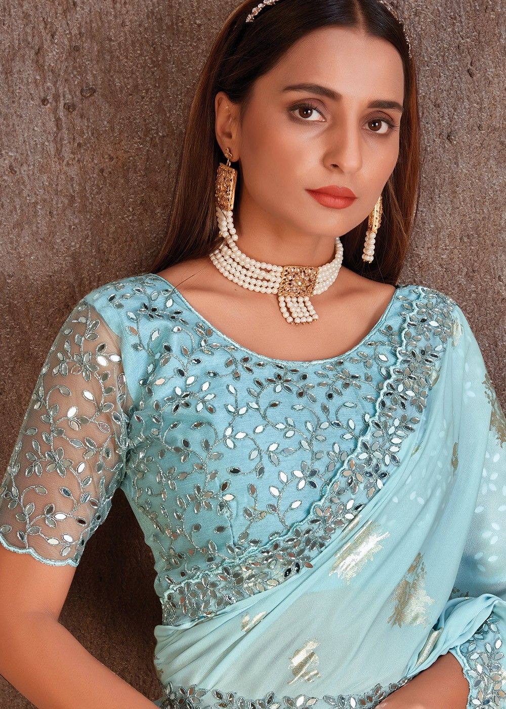 Blue Mirror Embellished Satin Saree With Blouse & Belt 4887SR14