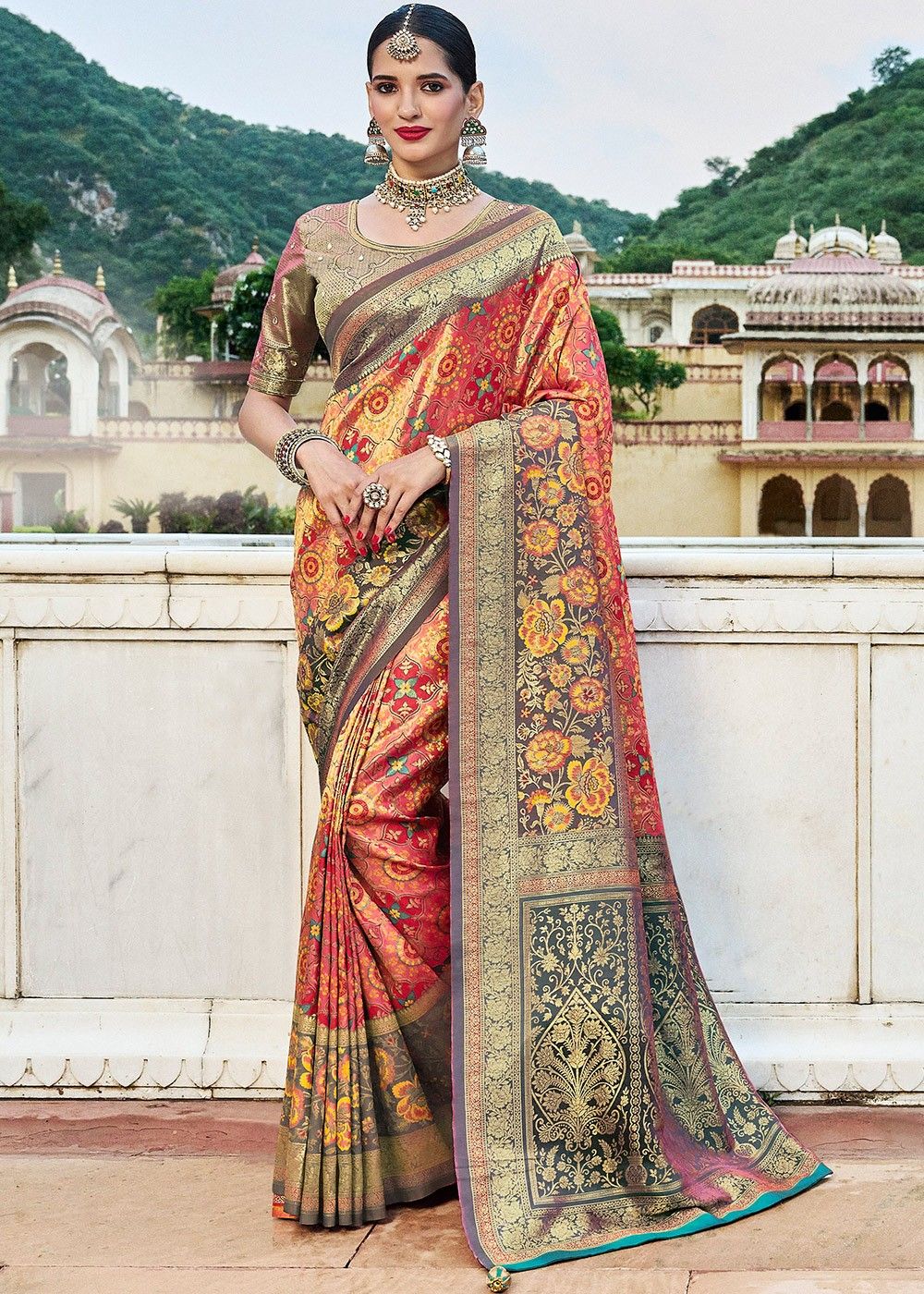 red embroidered tissue sarees with unstitched blouse - LIFESTYLE - 3916072