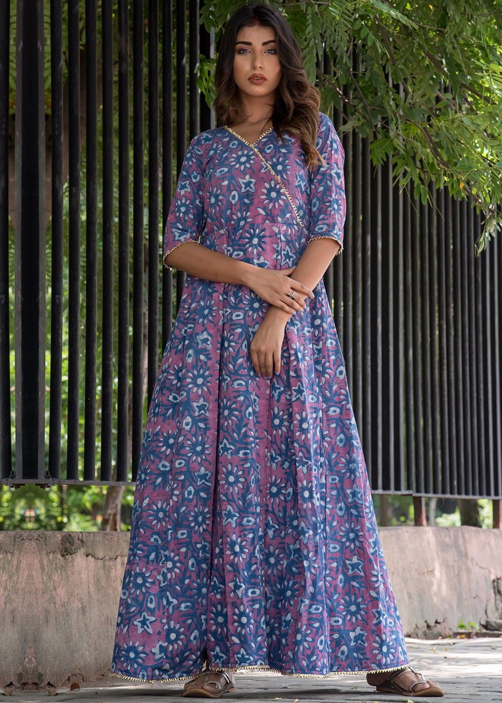 Sky Blue Color Chanderi Printed Long Gown