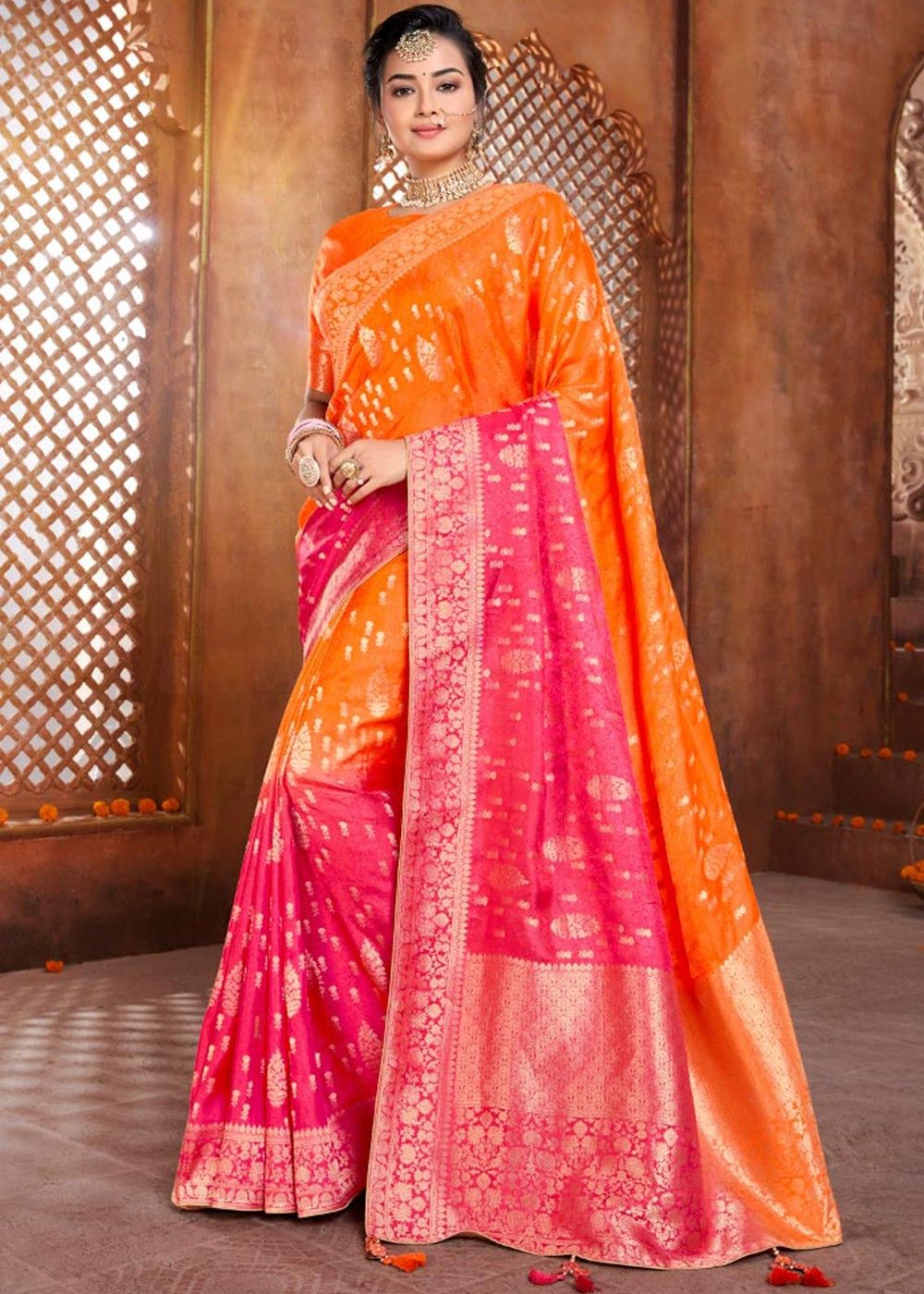 Orange and Pink Banarasi Silk Wedding Saree