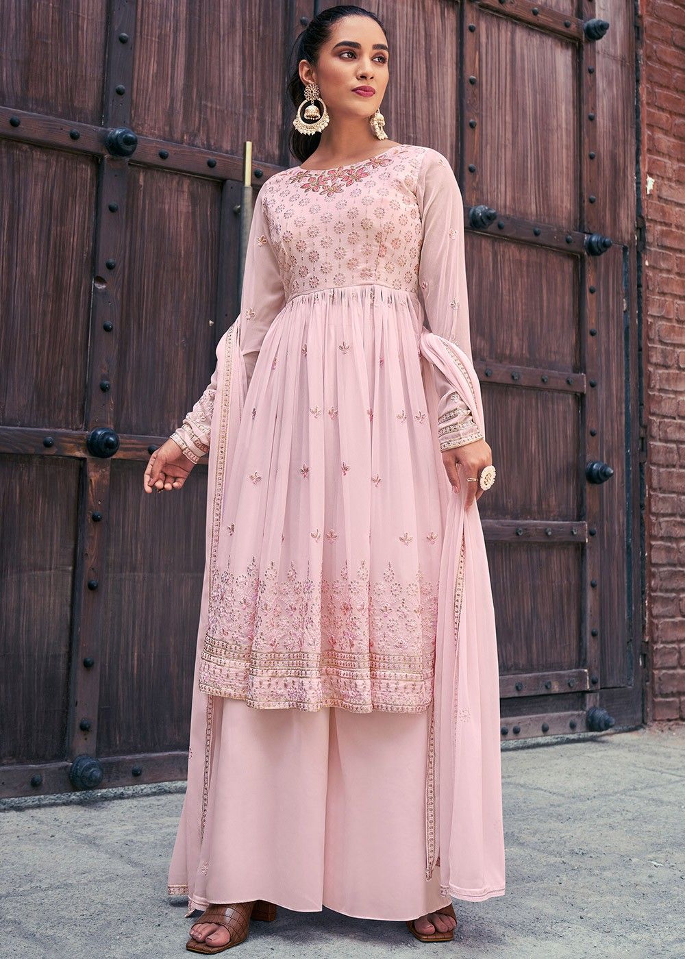 Pink Flared Style Palazzo Suit In Georgette