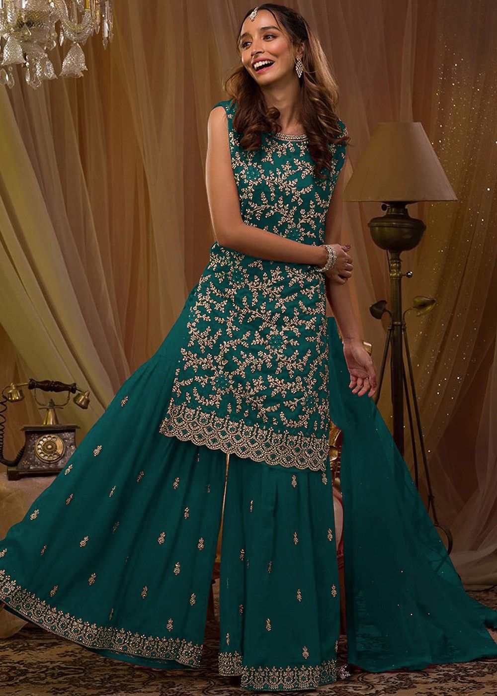 Turquoise Floral Embroidered Georgette Dress Material