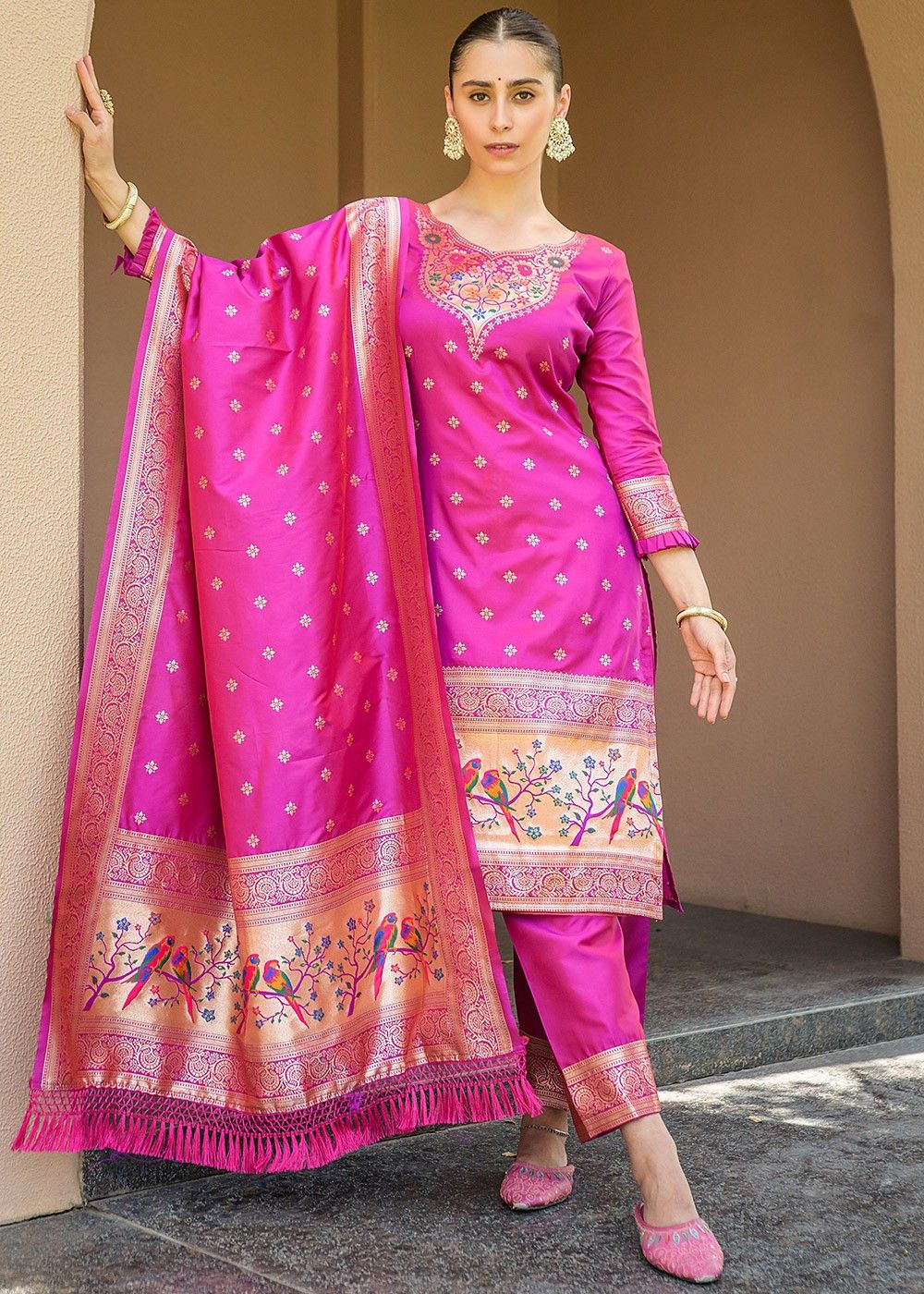 Green Heavy Weaving Designer Banarasi Silk unstitched Long Length Kameez  Pant party wear salwarsuit - Panjari Store - 4218094