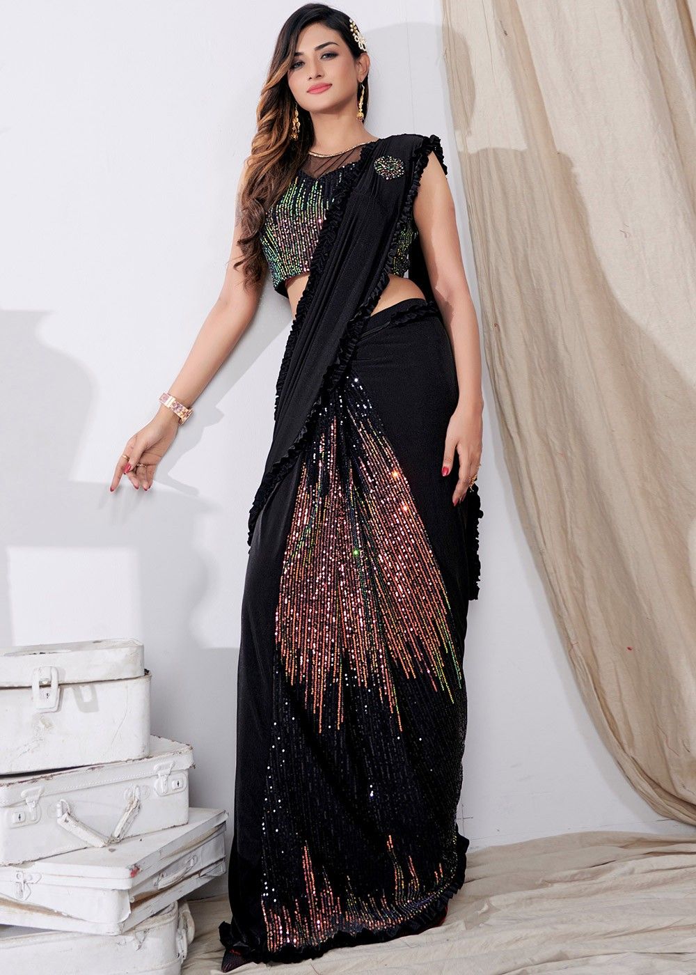 Bachelorette Partywear Black Crepe Saree with Belt | Pre-stitched Sari –  Fashion Nation