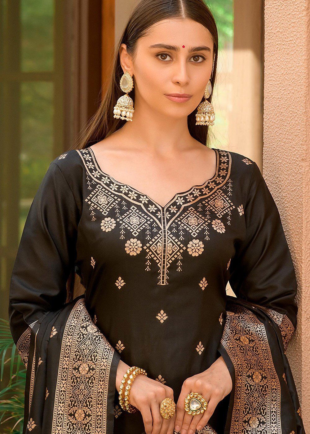 Banarasi Silk Woven Palazzo Pant Suit In Black Colour - SM5641636