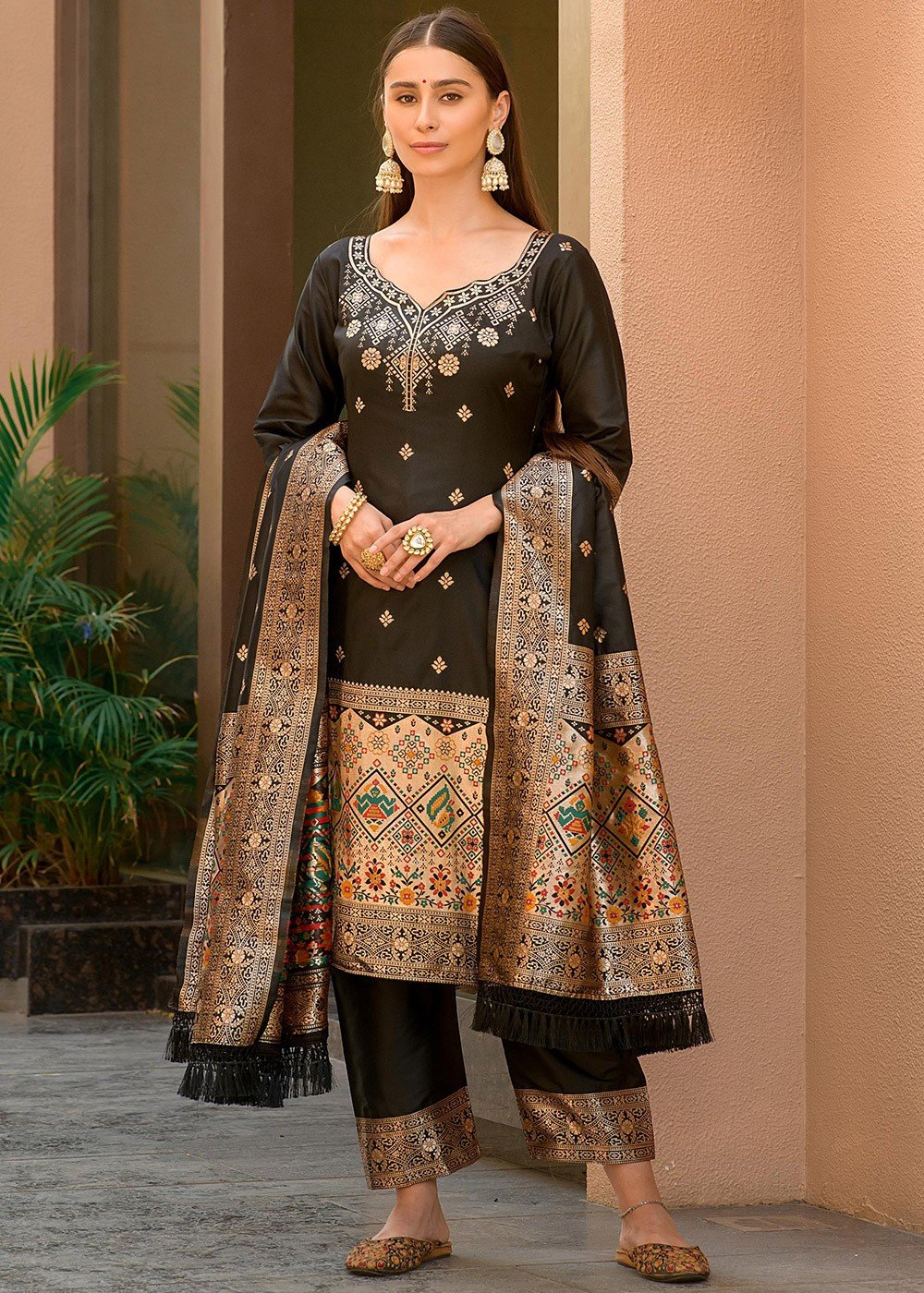 Black Zari Woven Pant Suit In Banarasi Silk 4965SL02