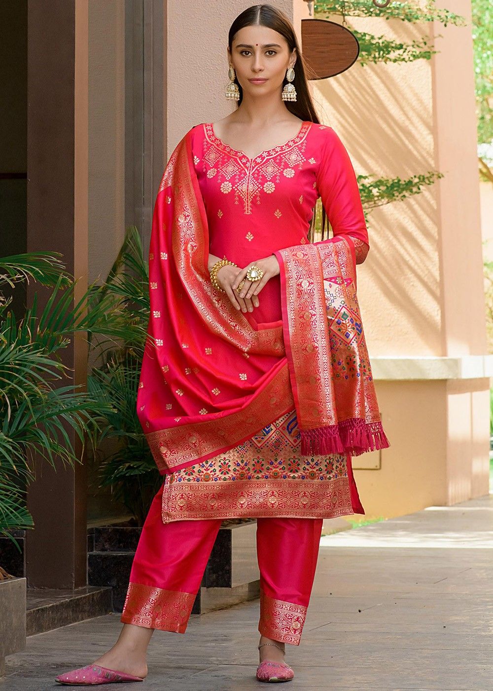 Floral Dressy Pant Suits Brocade Coat Pants for Women Banarasi
