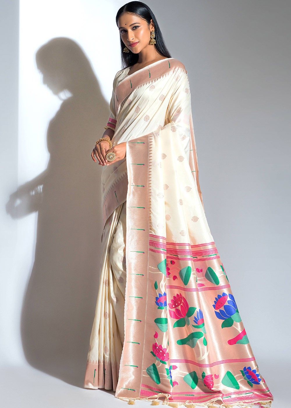 Buy online Women White Paithani Saree With Blouse from ethnic wear for  Women by Silk Land for ₹2400 at 75% off | 2024 Limeroad.com