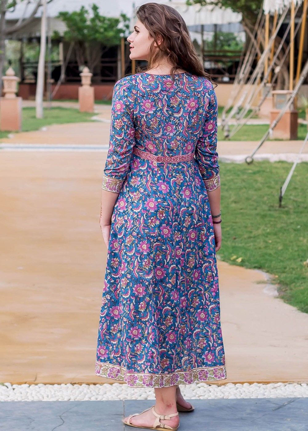 Blue Floral Block Printed Indo Western Dress