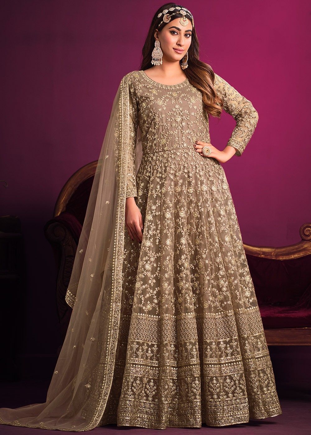 Buy Beige Net Embroidered Anarkali Suit Online - LSTV03367 | Andaaz Fashion  Eid Store