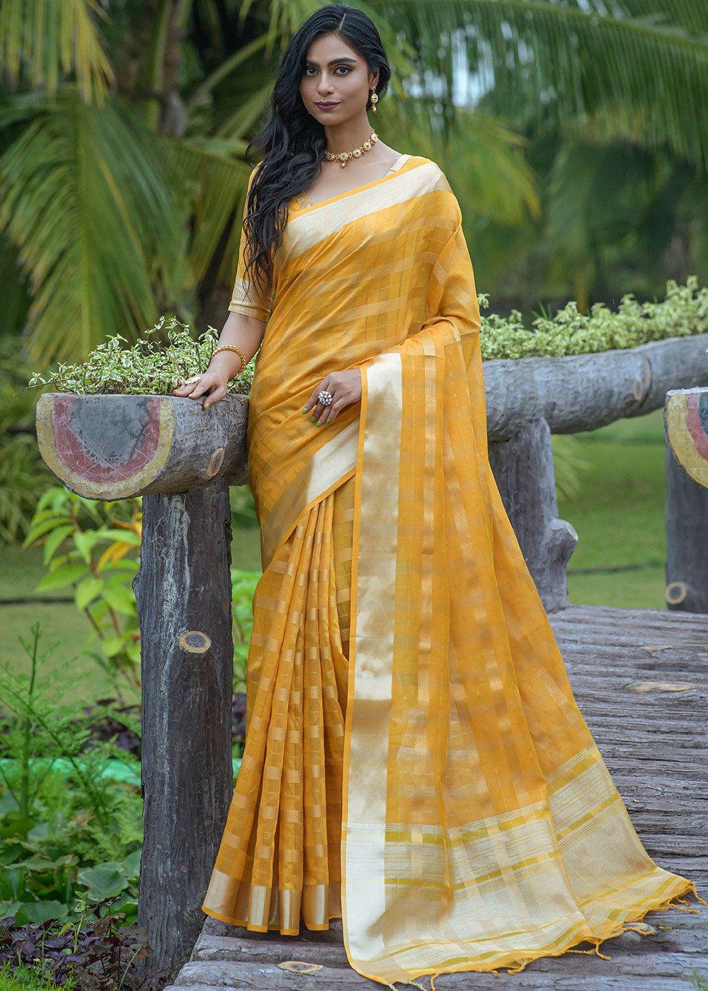 Buttercup yellow organza saree with scalloped edging and embroidered b –  Sohni
