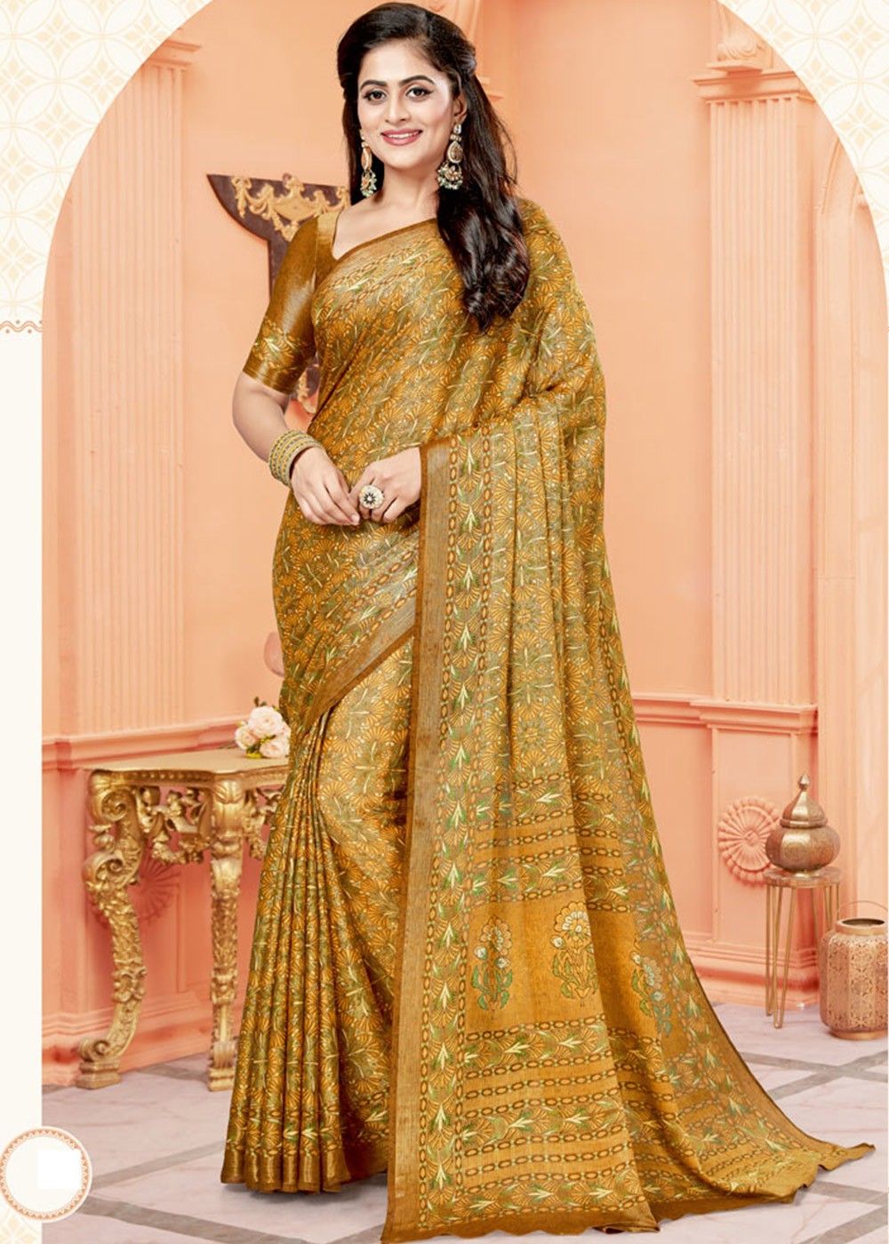 Aggregate 80+ golden print saree latest