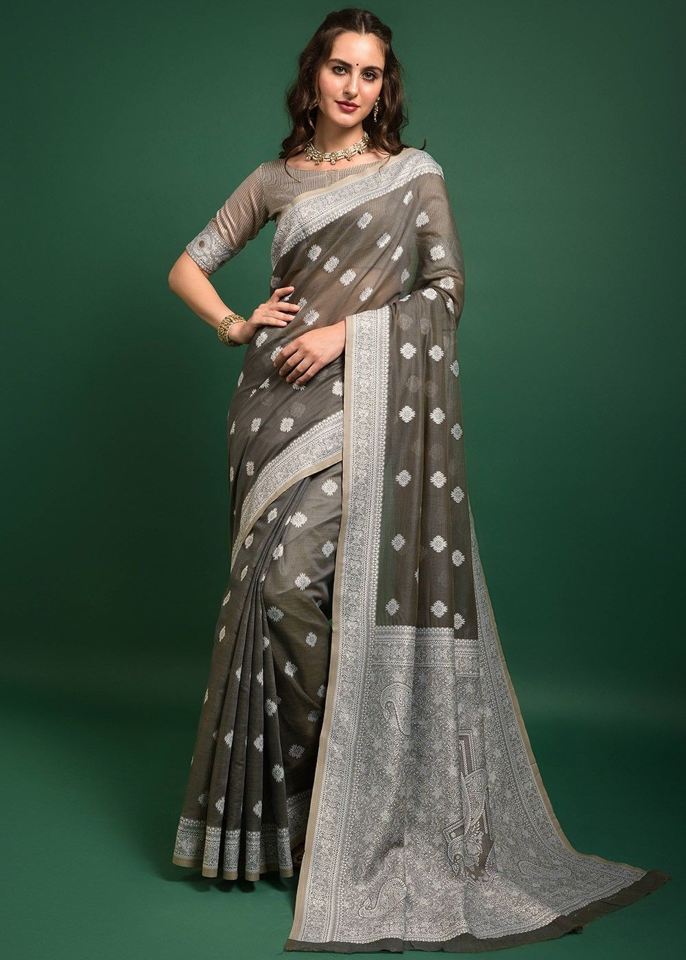 WHITE CHANDERI SAREE WITH FLORAL MACHINE EMBROIDERY AND IKAT BORDER –  ShopBollyWear.Com