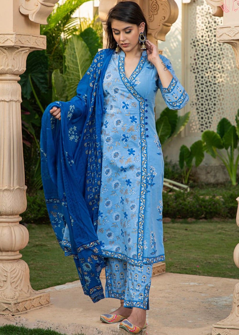 Printed Pure Cotton Angrakha Style Pakistani Suit in Old Rose : KJL367