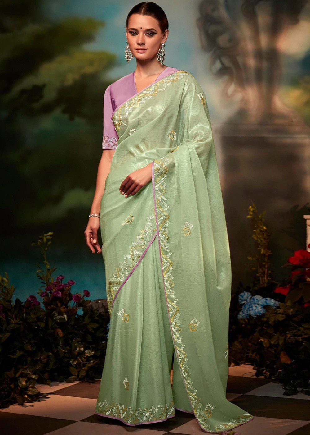 Buy Pista Green Saree In Net With Applique, Thread And Sequins