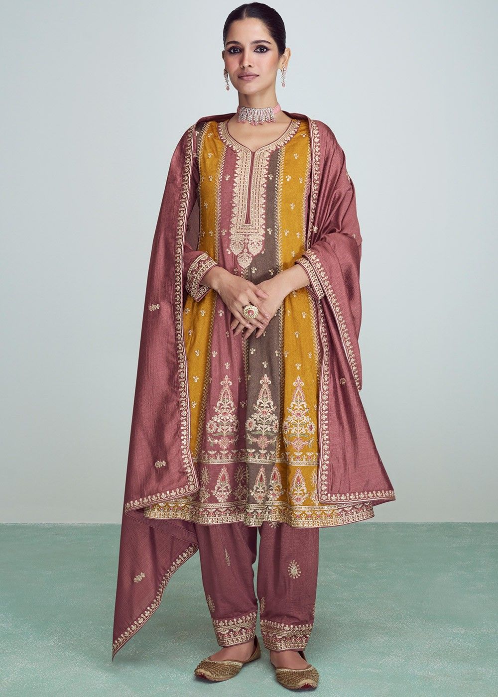 Rani Pink Silk Embroidered Festive Salwar Kameez Suit-set - 673-1703