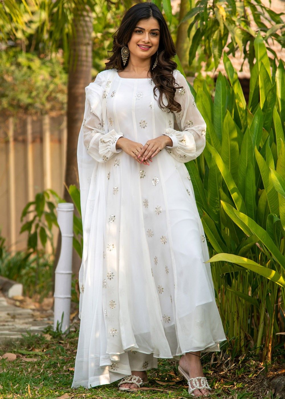 Buy White Anarkali Suit In Georgette With Multi Color Resham And Abla Work  All Over Online - Kalki Fashion