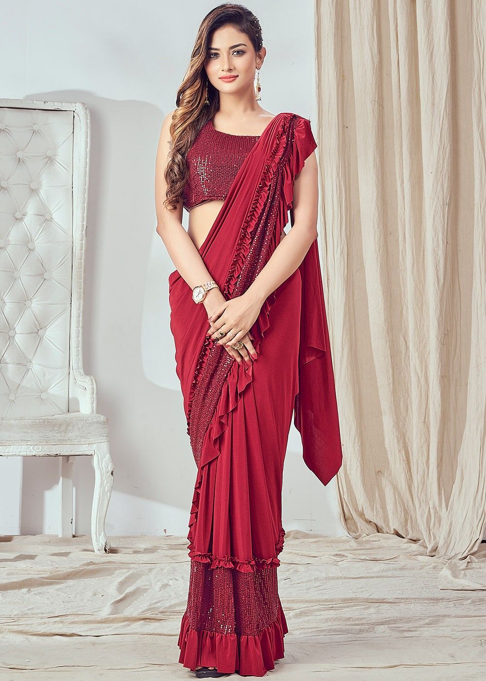 Wine Ready Pleated Ruffle Saree With Cut Dana Embroidery Online - Kalki  Fashion | Latest indian saree, Embellished blouse, Fashion